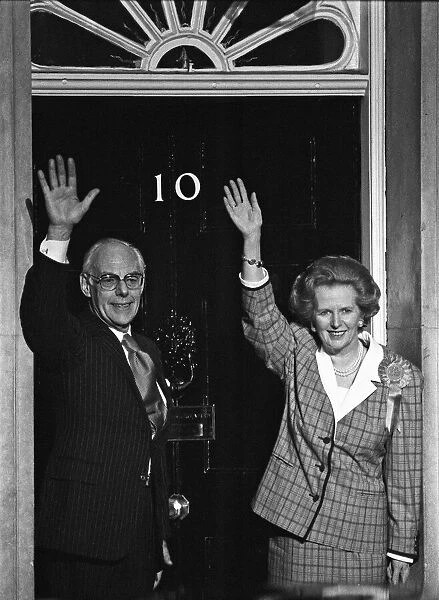 Prime Minister Margaret Thatcher, her husband, Denis Thatcher celebrate winning a third