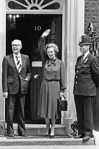 Prime Minister Margaret Thatcher and husband Denis on the steps of 10 Downing Street