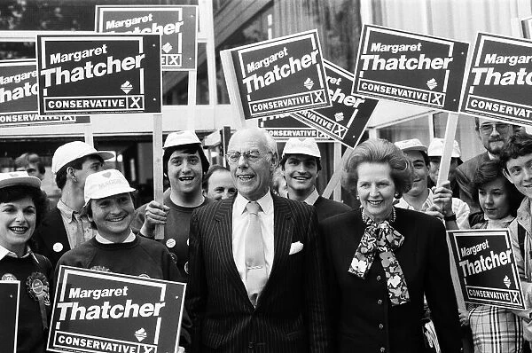Prime Minister Margaret Thatcher and her husband Denis campaigning ahead of the General