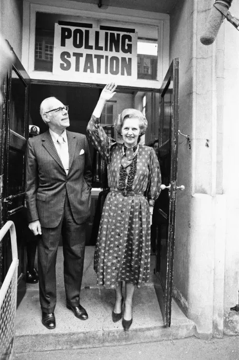 Framed Print : Prime Minister Margaret Thatcher and husband Dennis seen here leaving the polling station Framed Print : Prime Minister Margaret Thatcher and husband Dennis seen here leaving the polling station