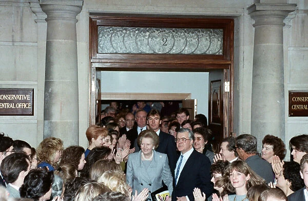 Prime Minister Margaret Thatcher and Kenneth Baker at Conservative headquarters