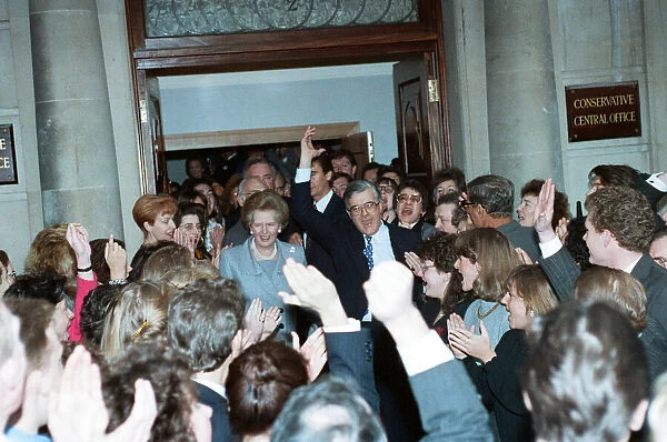 Prime Minister Margaret Thatcher and Kenneth Baker at Conservative headquarters