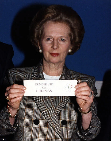 Prime Minister Margaret Thatcher makes Scottish FA Cup semi final draw at Ibrox in