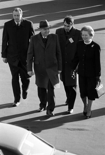 Prime Minister Margaret Thatcher meets Soviet leader President Mikhail Gorbachev at RAF
