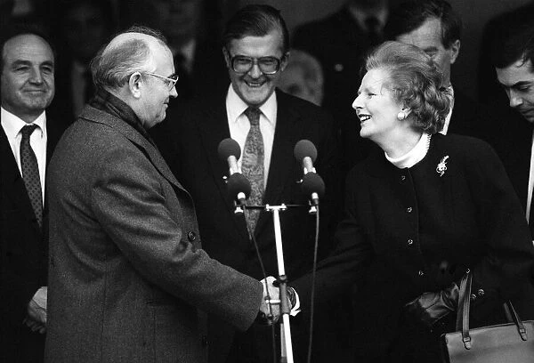 Prime Minister Margaret Thatcher shakes hands with Soviet leader President Mikhail