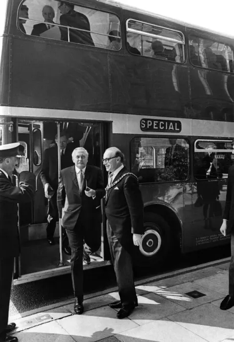 Framed Print : Prime Minister Mr. Wilson leaves bus which took him on a Tour of Manchester