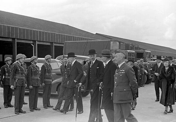 Prime Minister Neville Chamberlain at Royal visit to Hook, Balloon Barrage. April 1939