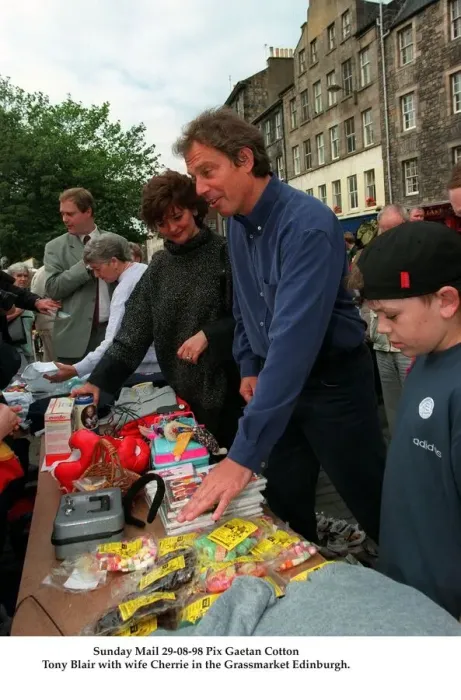Framed Print : Prime Minister Tony Blair August 1998 with his wife Cherie in the Grassmarket