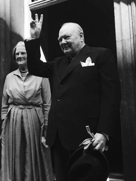 Prime Minister Winston Churchill at Number 10 Making V sign 1952