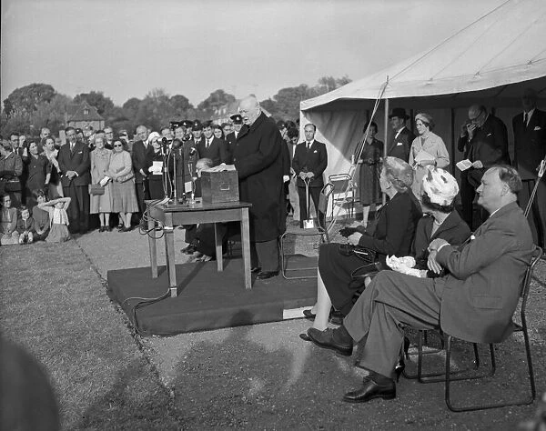 Former Prime Minister Winston Churchill speaking after planting an oak tree to inaugurate