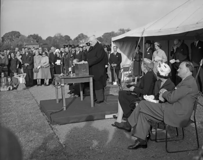 Framed Print : Former Prime Minister Winston Churchill speaking after planting an oak tree to inaugurate Framed Print : Former Prime Minister Winston Churchill speaking after planting an oak tree to inaugurate