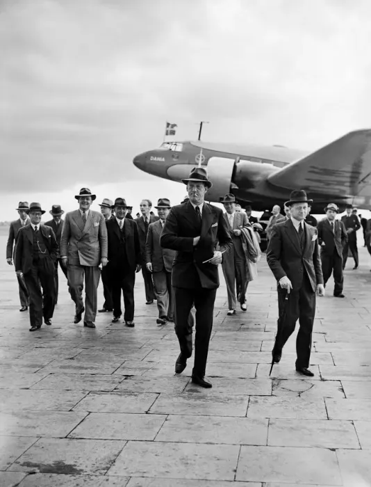 Framed Print : Prince Axel of Denmark on a official visit dis-embarks from Danish Air Lines Framed Print : Prince Axel of Denmark on a official visit dis-embarks from Danish Air Lines