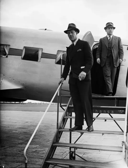 Framed Print : Prince Axel of Denmark on a official visit dis-embarks from Danish Air Lines