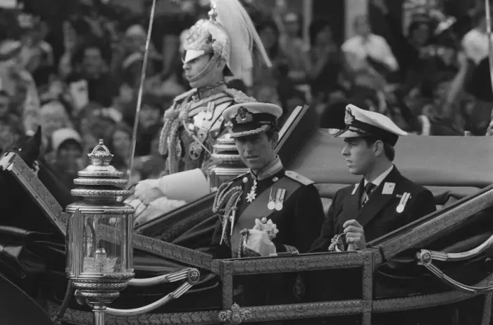 Framed Print : Prince Charles accompanied by his brother Prince Andrew in their open topped carriage en Framed Print : Prince Charles accompanied by his brother Prince Andrew in their open topped carriage en