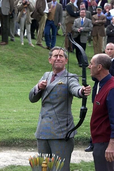 Prince Charles has a go at Archery during visit May 1999 to Clay Pigeon Shoot in