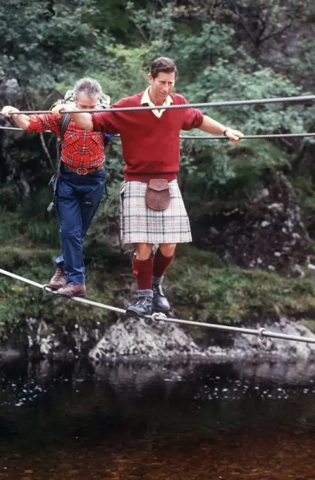Framed Print : Prince Charles August 1987 walking tightrope at Glen Coe and River Nevis Scotland