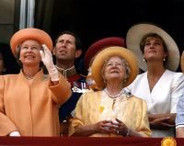 Prince Charles and Diana with Queen Elizabeth II and Queen Mother on the balcony at