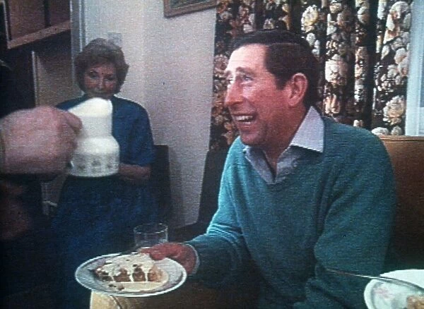 Prince Charles eating cake and cream in house 1992