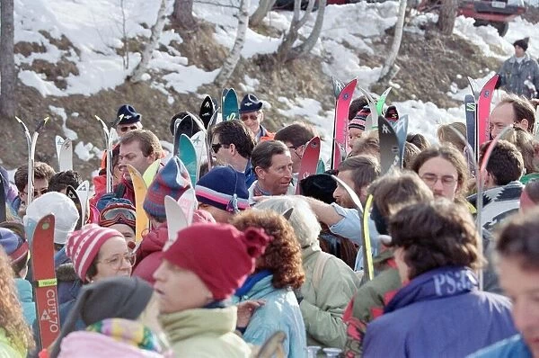Prince Charles at the foot of a Swiss ski lift above Klosters