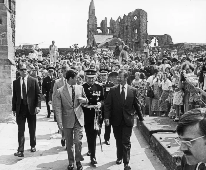 Framed Print : Prince Charles is greeted by large crowds on his arrival at Whitby Abbey during Framed Print : Prince Charles is greeted by large crowds on his arrival at Whitby Abbey during