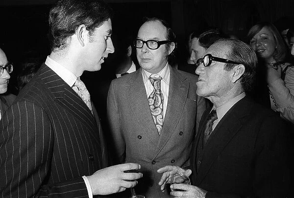 Prince Charles November 1973 talks to Eric Morecambe and Arthur Askey at the launching of