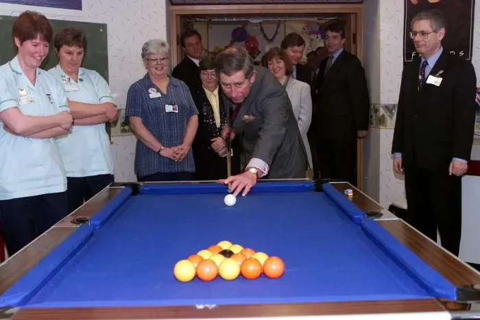 Framed Print : Prince Charles plays pool as he visits North Derbyshire Hospital in Calow February Framed Print : Prince Charles plays pool as he visits North Derbyshire Hospital in Calow February