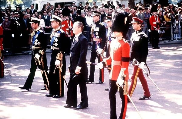 Prince Charles, Prince Philip and designer David Hicks D at the funeral of Lord