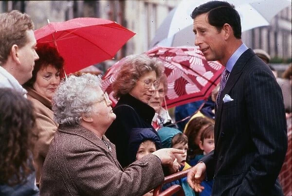 Prince Charles Prince of Wales April 1989 on walkabout in Rutherglen talking to an OAP