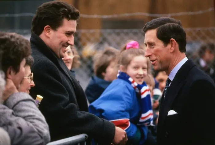 Framed Print : Prince Charles Prince of Wales April 1989 on walkabout in Dumfries shaking hands with a Framed Print : Prince Charles Prince of Wales April 1989 on walkabout in Dumfries shaking hands with a