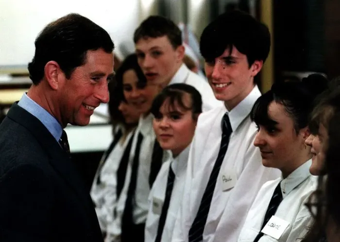 Framed Print : Prince Charles Prince of Wales talking to pupils St Leonards school Easterhouse Glasgow Framed Print : Prince Charles Prince of Wales talking to pupils St Leonards school Easterhouse Glasgow