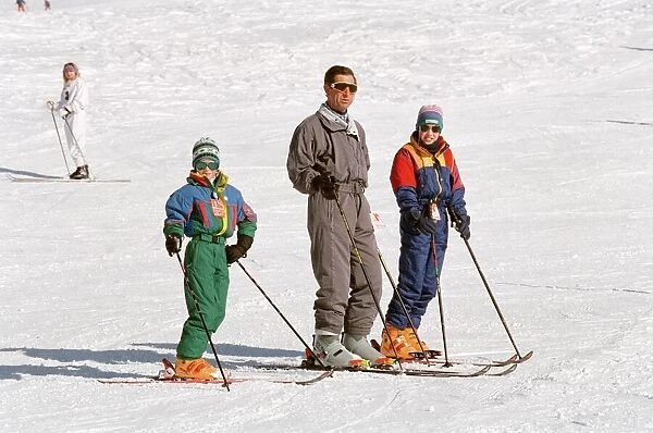 Prince Charles, Prince William and Prince Harry during a skiing holiday in Klosters