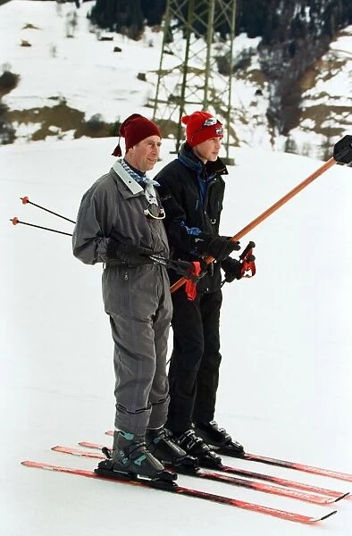 Prince Charles and Prince William on the ski slopes of Klosters. January 1998