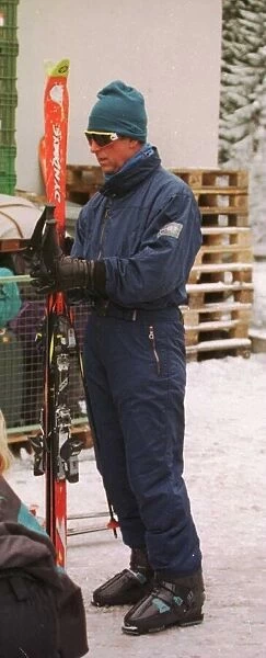 Prince Charles in ski suit skiing with Santa and Tara Palmer Tomkinson in Klosters