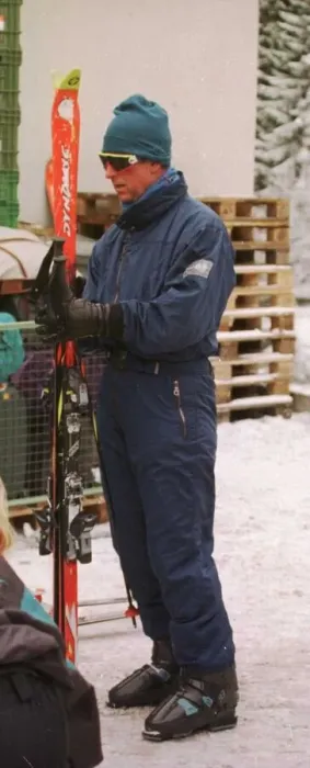 Framed Print : Prince Charles in ski suit skiing with Santa and Tara Palmer Tomkinson in Klosters Framed Print : Prince Charles in ski suit skiing with Santa and Tara Palmer Tomkinson in Klosters