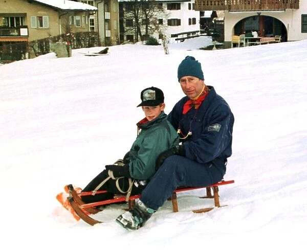 Prince Charles sledging with Prince Harry in Klosters Switzerland January 1997