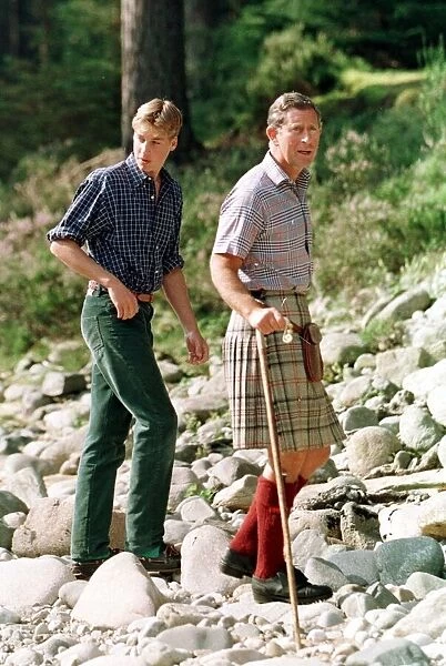 Prince Charles with sons at Balmoral August 1997 Prince William posed on the banks