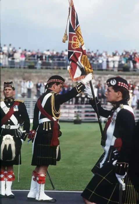 Framed Print : Prince Charles with standard flag in full Scottish military outfit July 1988 Framed Print : Prince Charles with standard flag in full Scottish military outfit July 1988
