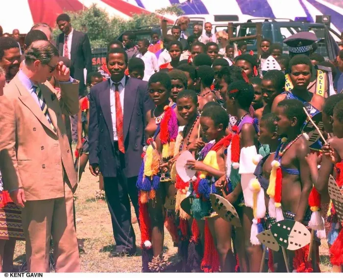 Framed Print : Prince Charles in Swaziland October 1997 in the village of Gundvwini where the people Framed Print : Prince Charles in Swaziland October 1997 in the village of Gundvwini where the people