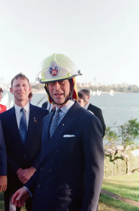 Framed Print : Prince Charles in Sydney, pictured wearing a fire fighters helmet. Sydney, Australia Framed Print : Prince Charles in Sydney, pictured wearing a fire fighters helmet. Sydney, Australia
