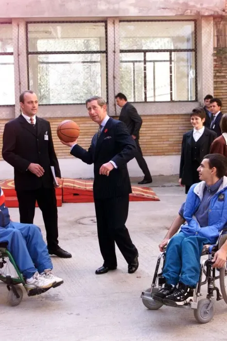 Framed Print : Prince Charles visits Romania 1998 Playing basketball at Wheelchair Centre in Framed Print : Prince Charles visits Romania 1998 Playing basketball at Wheelchair Centre in