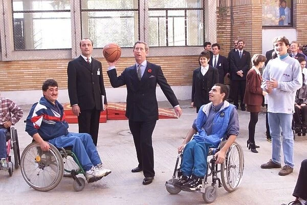 Prince Charles Visits Romania November 1998 playing basketball at Wheelchair Centre