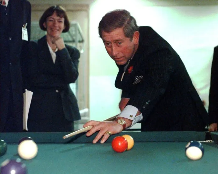 Framed Print : Prince Charles Visits Romania November 1998 playing pool at Wheelchair Centre in Framed Print : Prince Charles Visits Romania November 1998 playing pool at Wheelchair Centre in