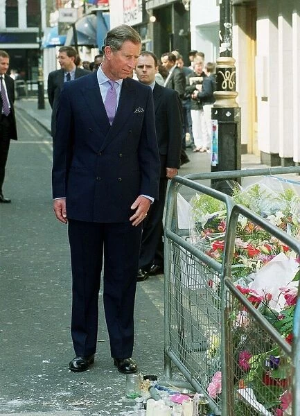 Prince Charles visits the scene of the Soho bomb, April 1999