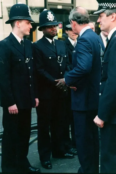Framed Print : Prince Charles visits the scene of the Soho bomb April 1999 Here he is chatting to Framed Print : Prince Charles visits the scene of the Soho bomb April 1999 Here he is chatting to