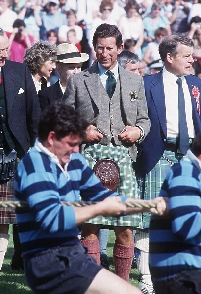Prince Charles watching the tug of war at the Braemar Highland Games September 1989