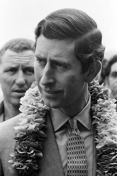 Prince Charles wearing a garland upon his arrival at Amritsar Airport. 28th November 1980