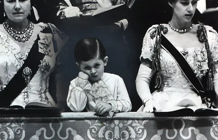Framed Print : Prince Charles a four year old looking bored at June 1953 coronation of his mother