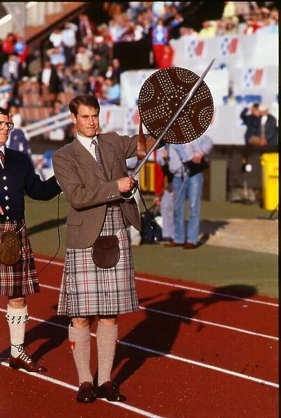 Prince Edward opens the Commonwealth Highland July 1986 games claymore shield kilt tartan