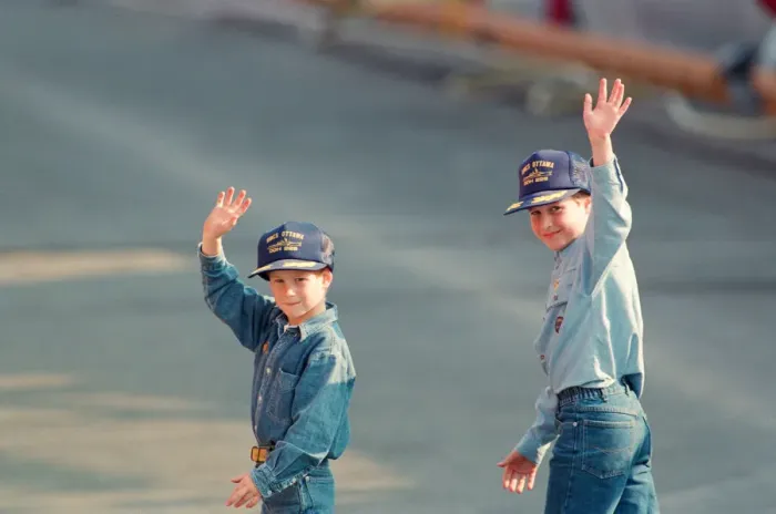 Framed Print : Prince Harry (left) and Prince William (right) wave to the cameras during their tour of Framed Print : Prince Harry (left) and Prince William (right) wave to the cameras during their tour of
