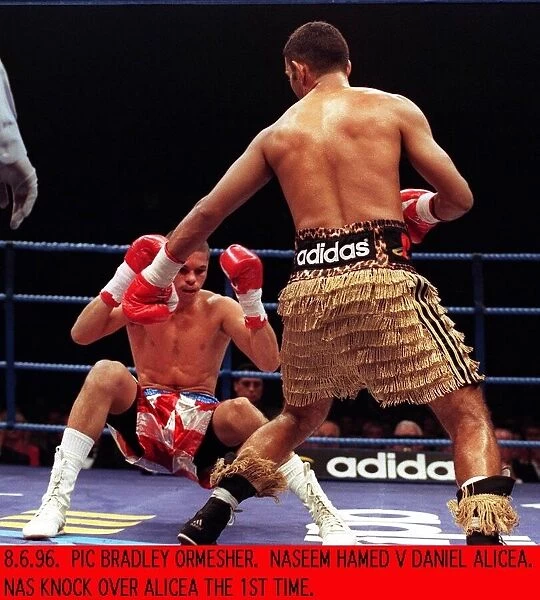 Prince Naseem Hamed boxer and WBO featherweight champion knocks over Daniel Alicea of